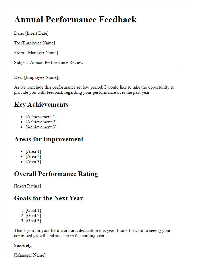 Letter template of annual performance feedback for employee reviews.