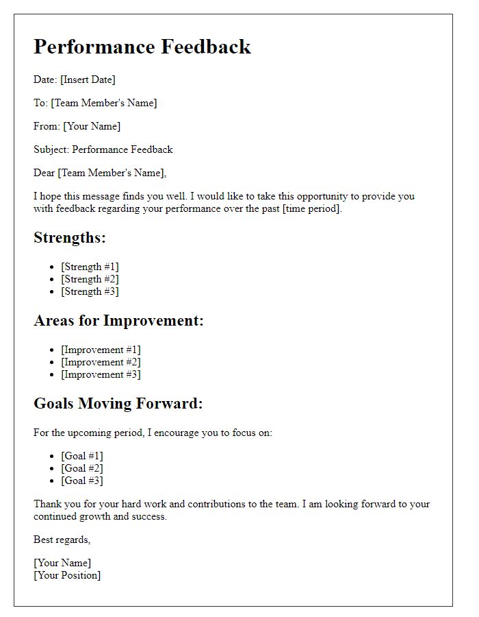 Letter template of performance feedback for team members.