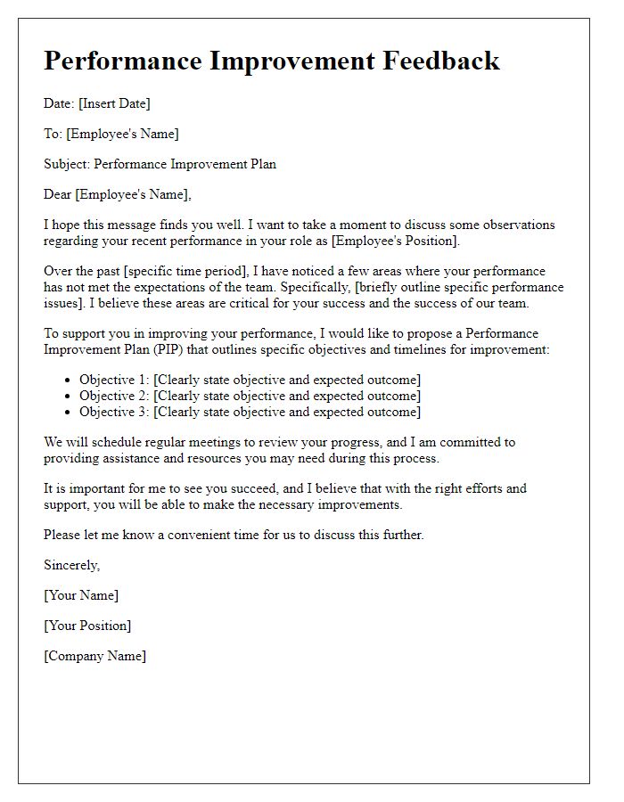 Letter template of performance improvement feedback for underperforming staff.