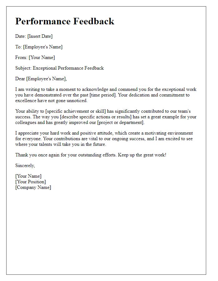 Letter template of positive performance feedback for exceptional work.