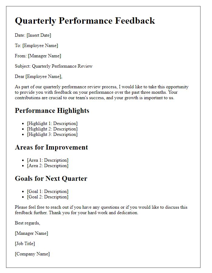 Letter template of quarterly performance feedback for staff assessment.