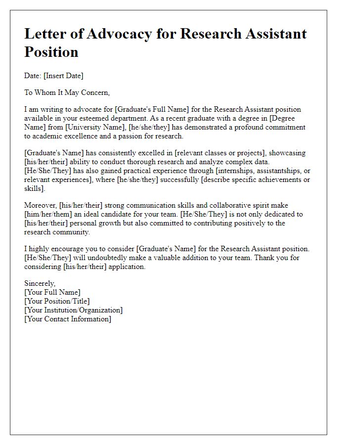 Letter template of advocacy for a graduate aiming for a research assistant position.