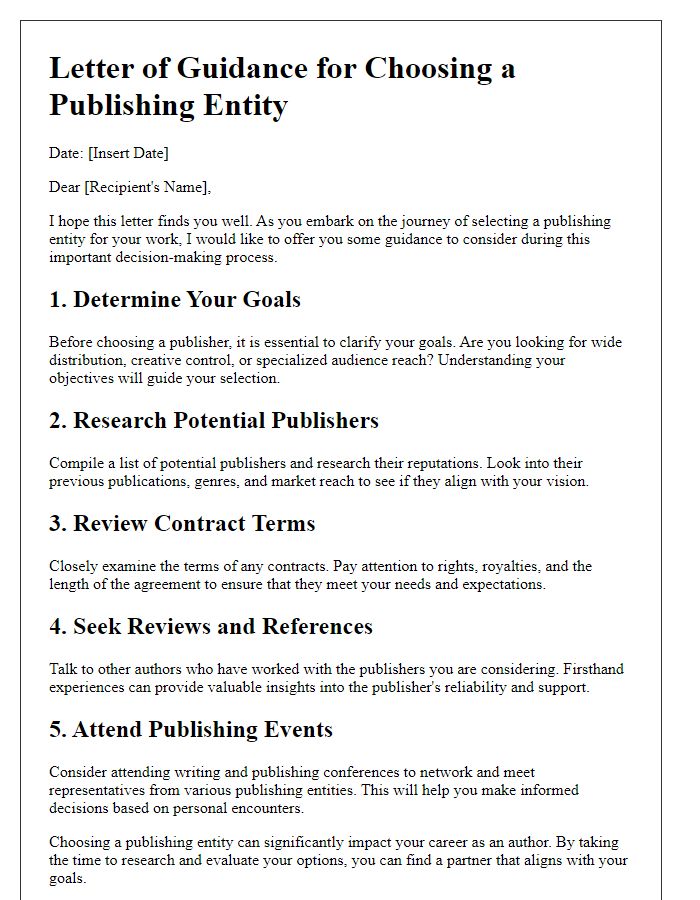 Letter template of guidance for choosing a publishing entity.