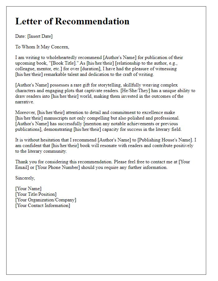 Letter template of recommendation for an authors book publisher.