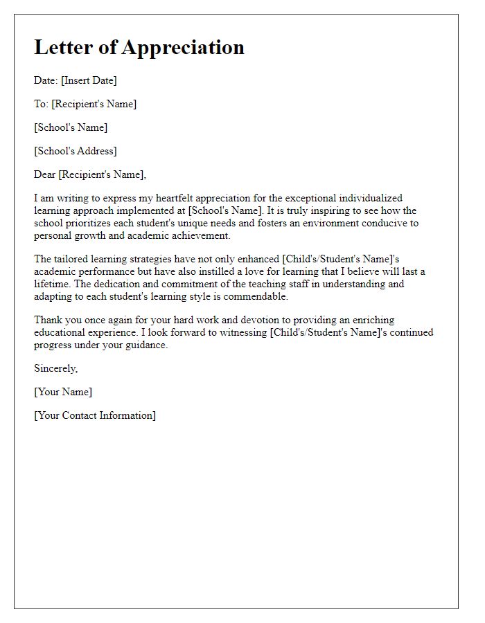 Letter template of appreciation for a school's individualized learning approach.