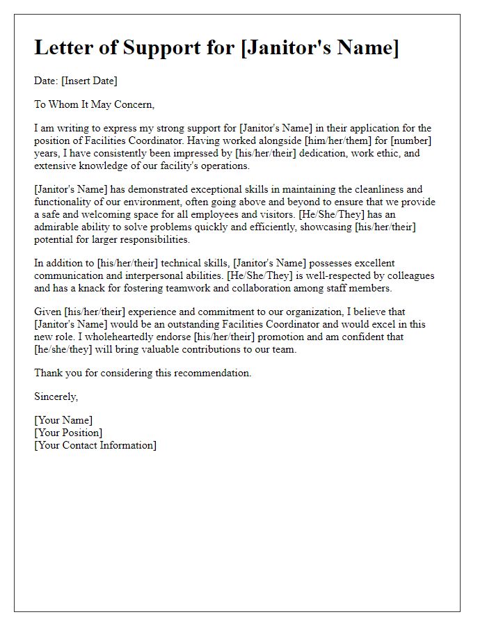 Letter template of backing for janitor's promotion to facilities coordinator.