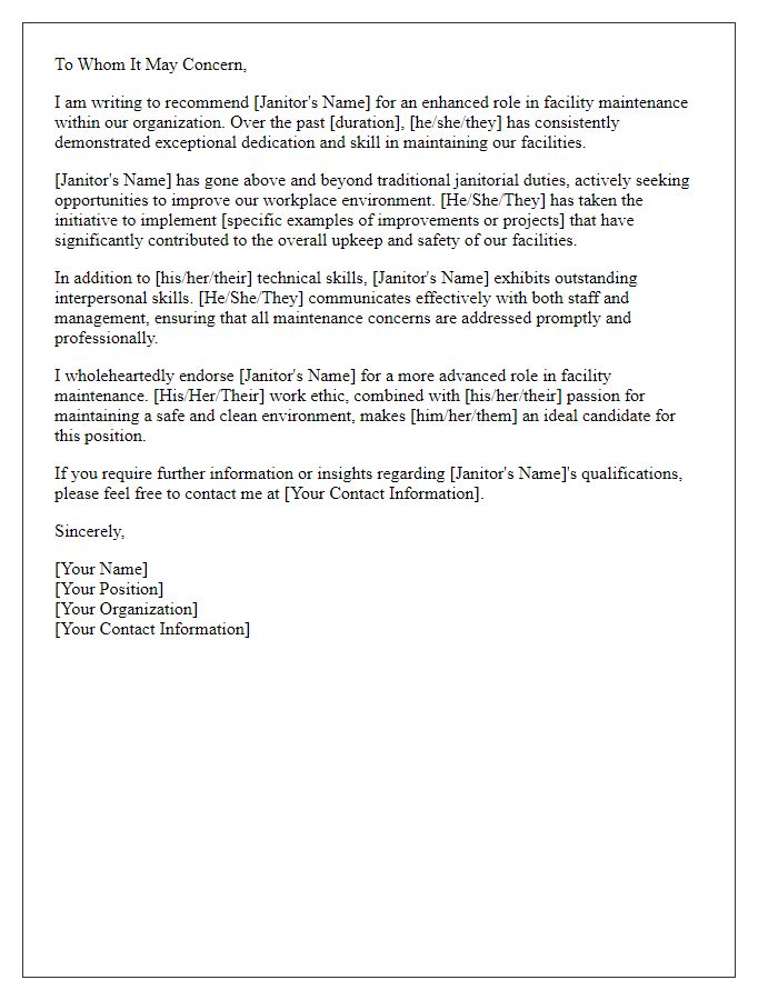 Letter template of recommendation for janitor's enhanced role in facility maintenance.