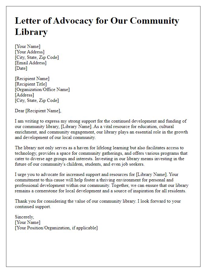 Letter template of advocacy for a community library in support of local development.