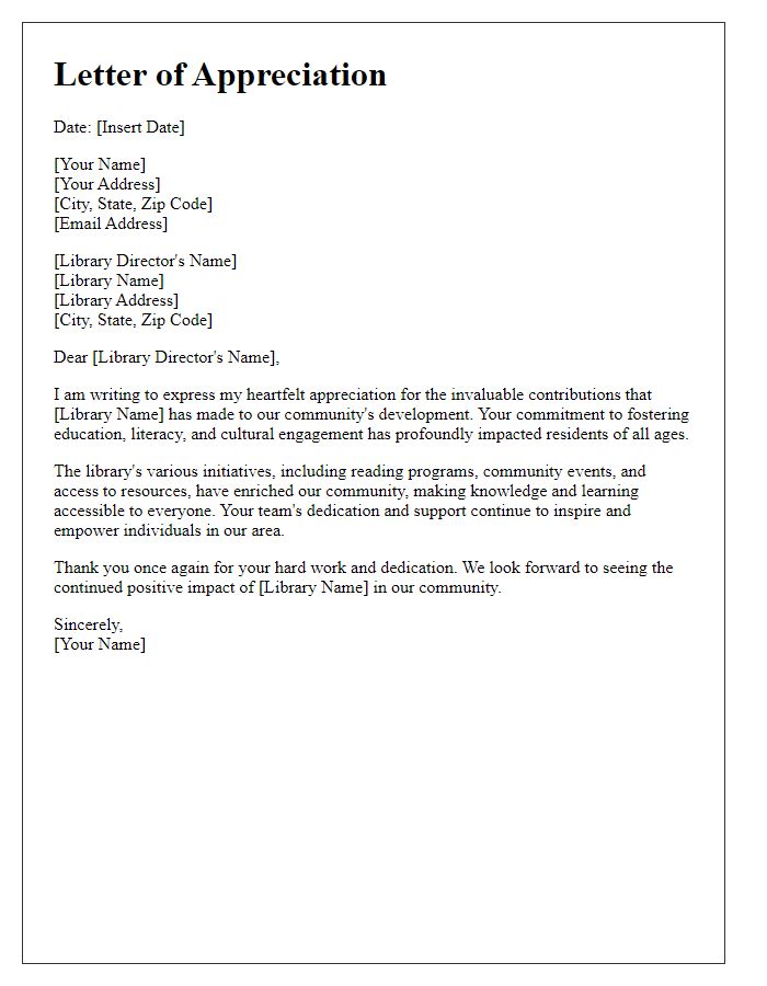 Letter template of appreciation for a library's contribution to community development.