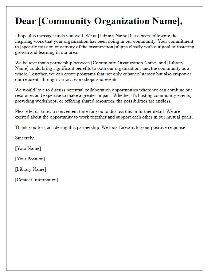 Letter template of encouragement for community organizations to partner with a library.