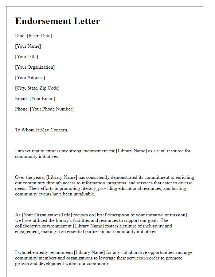 Letter template of endorsement for a library as a resource for community initiatives.