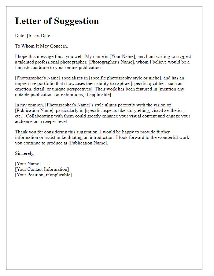 Letter template of suggestion for a professional photographer to an online publication.