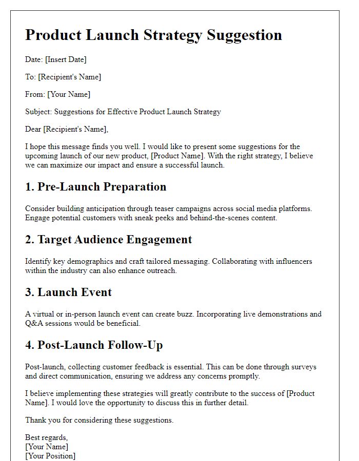 Letter template of product launch strategy suggestion