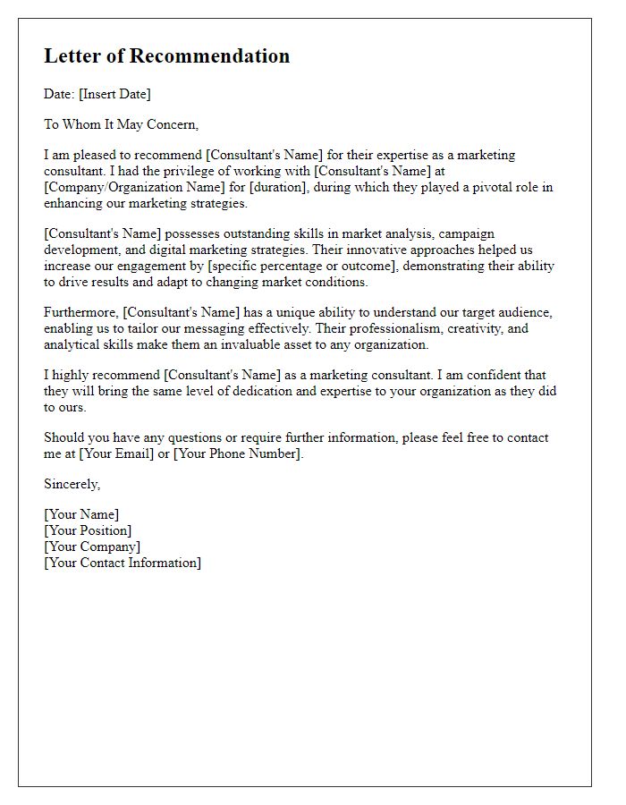 Letter template of recommendation for a marketing consultant's expertise.