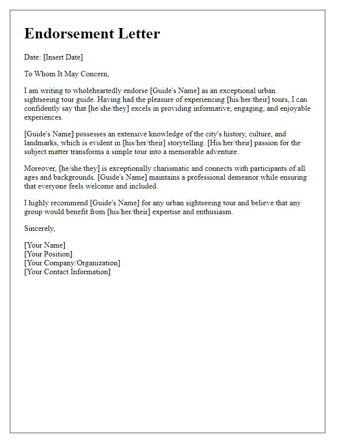 Letter template of endorsement for urban sightseeing tour guide.