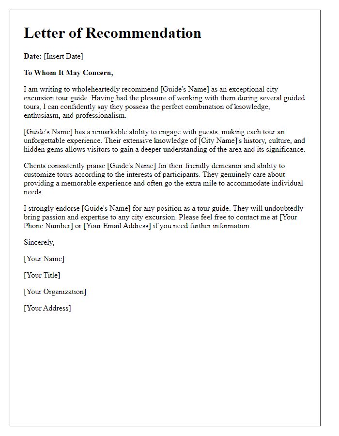 Letter template of recommendation for a city excursion tour guide.