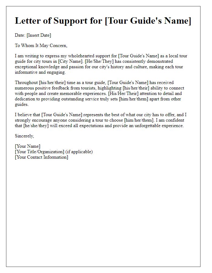 Letter template of support for a local tour guide for city tours.