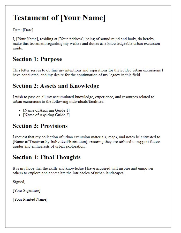 Letter template of testament for a knowledgeable urban excursion guide.