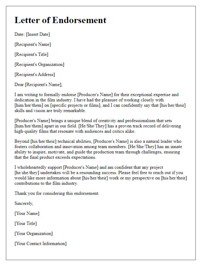 Letter template of endorsement for a film producer's expertise.