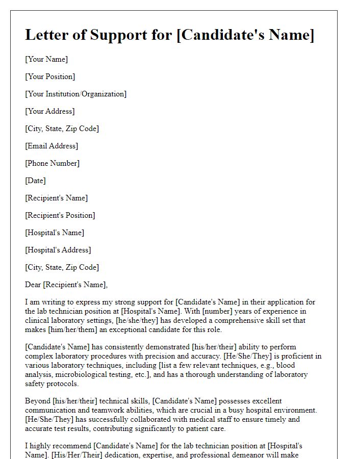 Letter template of support for an experienced lab technician applying for a hospital role.