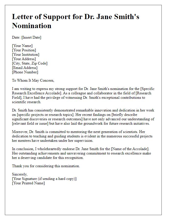 Letter template of backing for a scientist's nomination for a research excellence accolade.