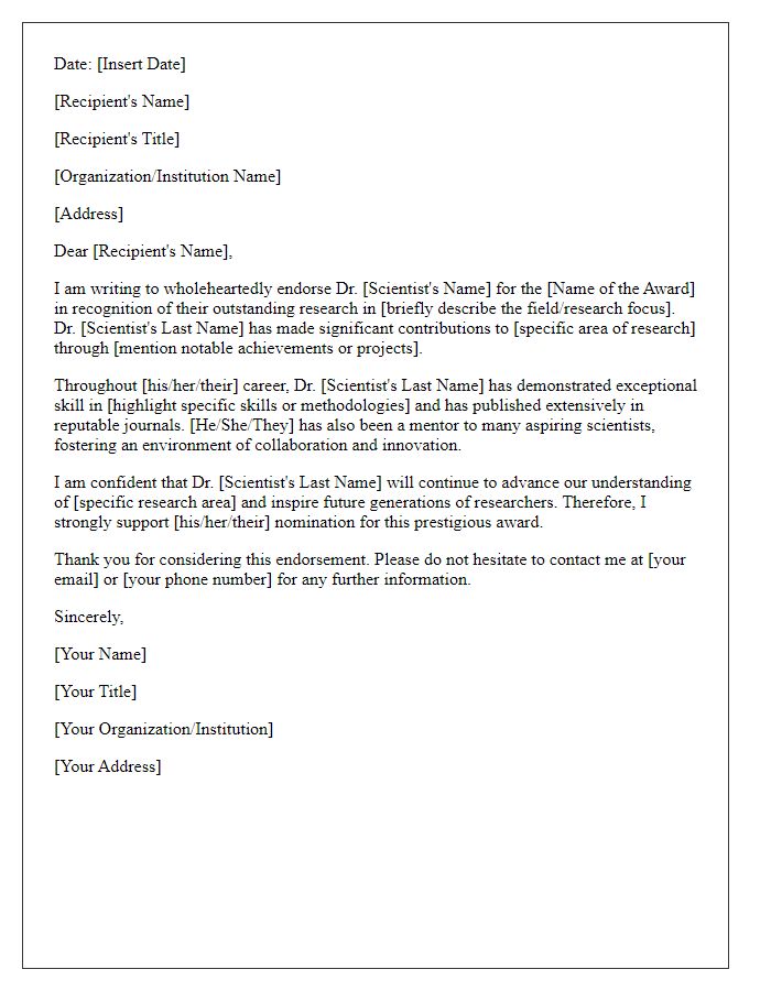 Letter template of endorsement for a scientist's research award nomination.