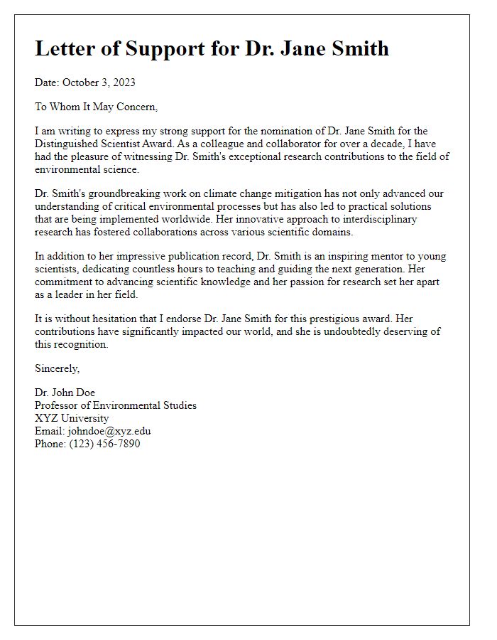 Letter template of support for awarding a distinguished scientist's research contributions.