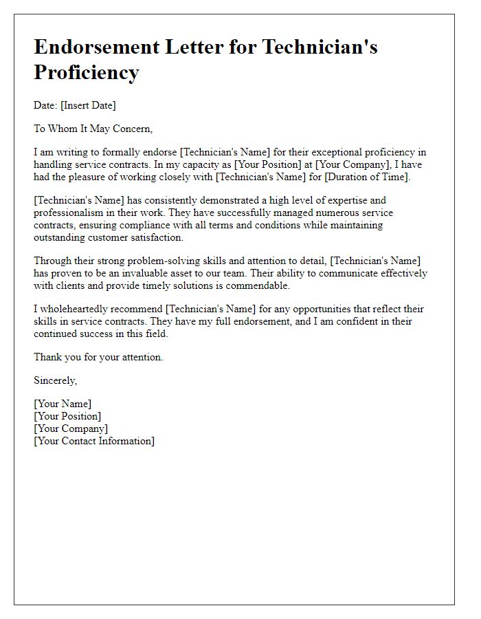 Letter template of endorsement for a technician's proficiency in service contracts.