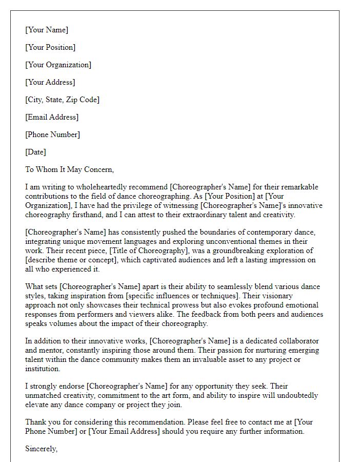 Letter template of recommendation highlighting a choreographer's innovative choreography.