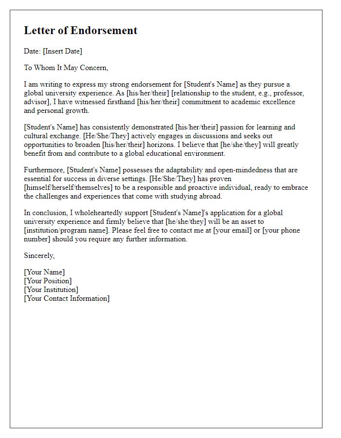 Letter template of endorsement for a global university experience.