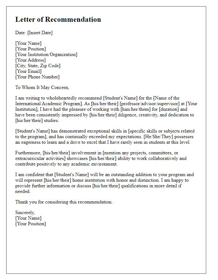 Letter template of recommendation for an international academic program.