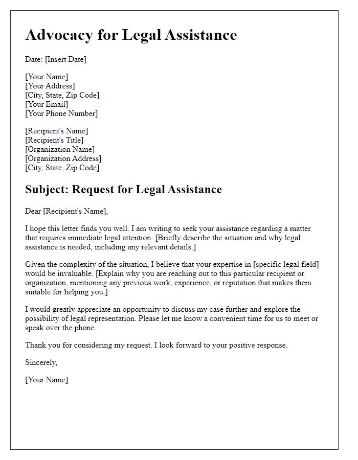 Letter template of advocacy for legal assistance.