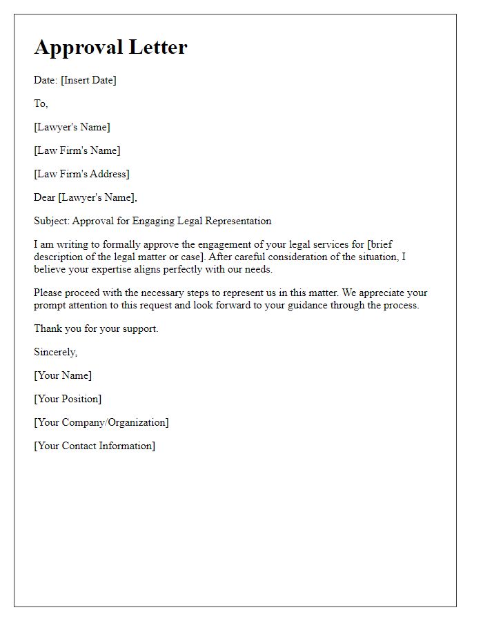 Letter template of approval for engaging a lawyer.