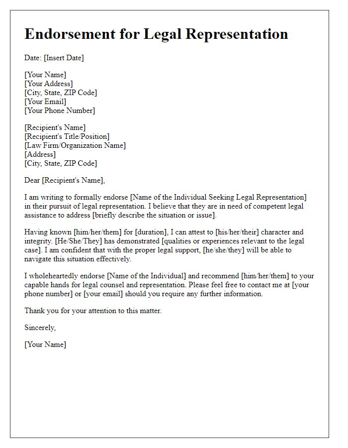 Letter template of endorsement for legal representation.