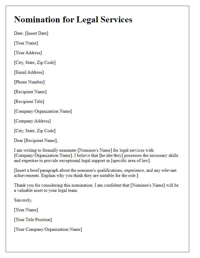Letter template of nomination for legal services.