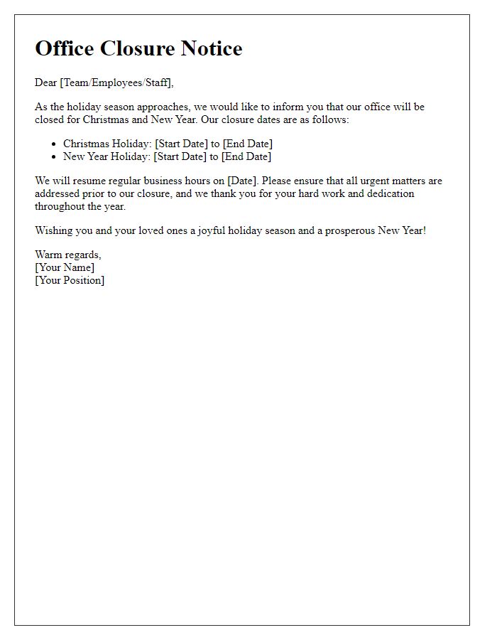 Letter template of Christmas and New Year office closure.