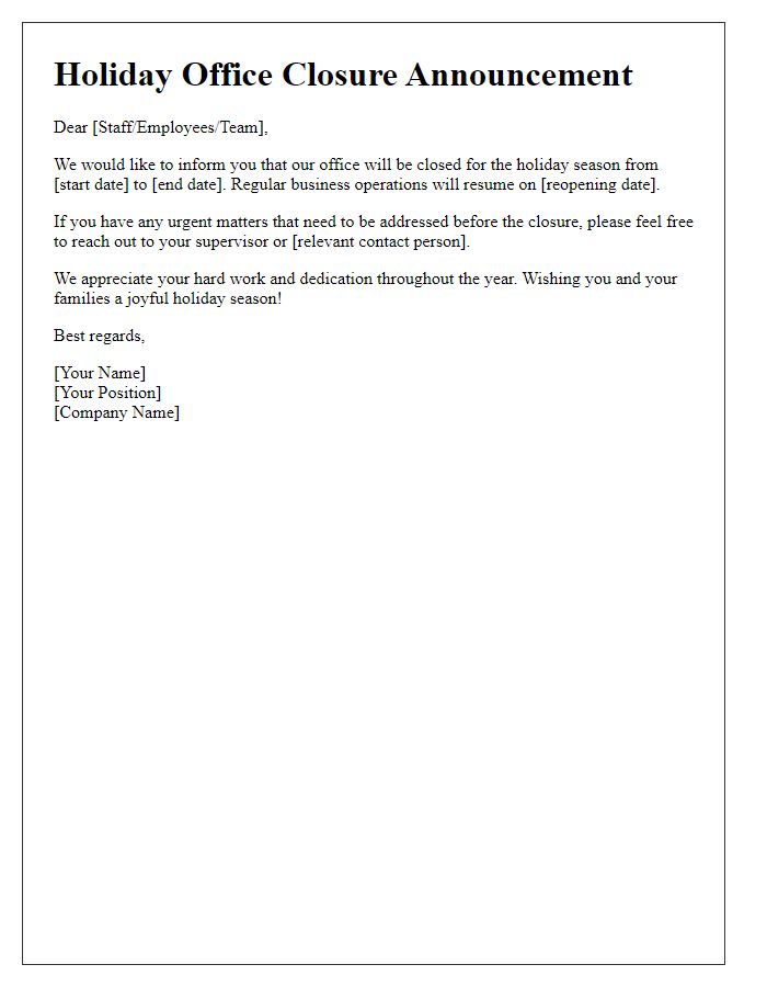 Letter template of holiday office closure announcement.