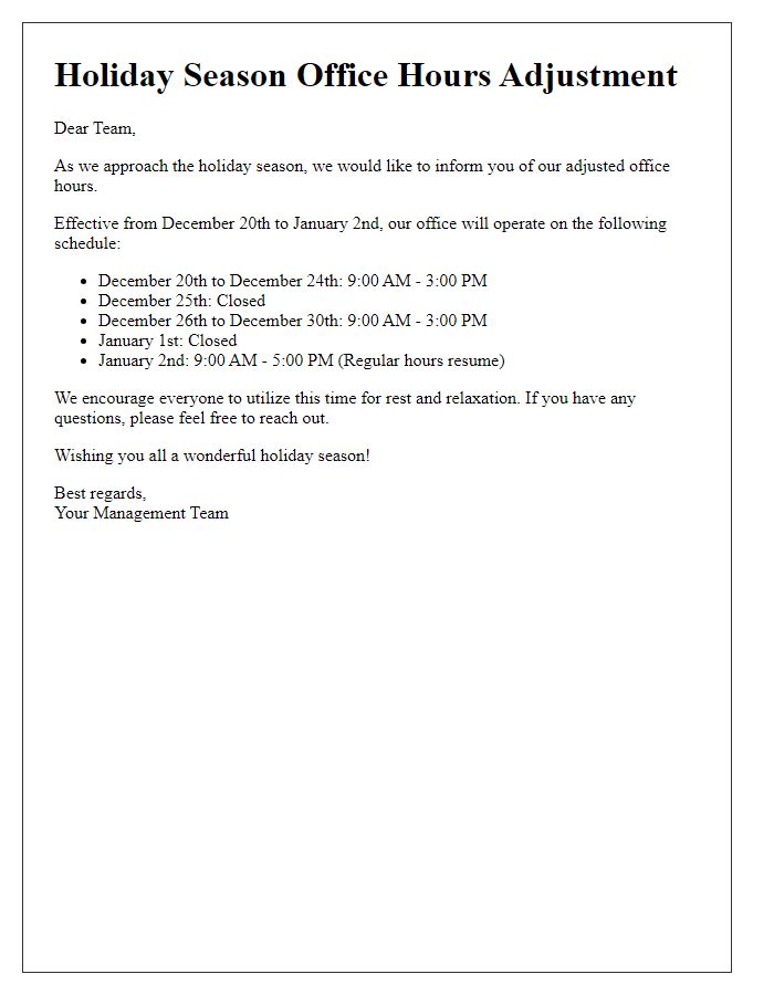 Letter template of holiday season office hours adjustment.