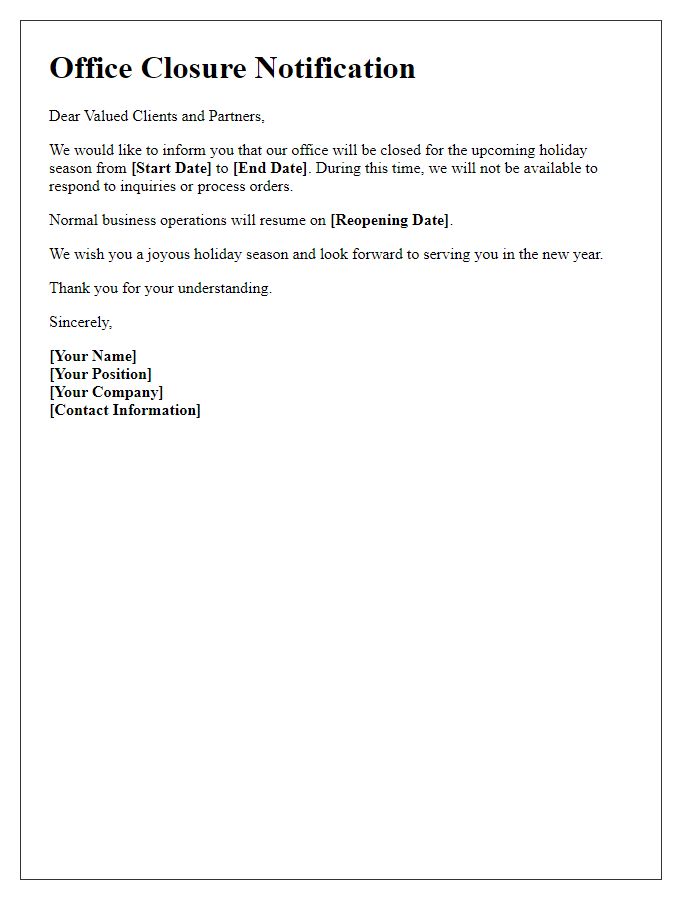 Letter template of seasonal office closure for holidays.