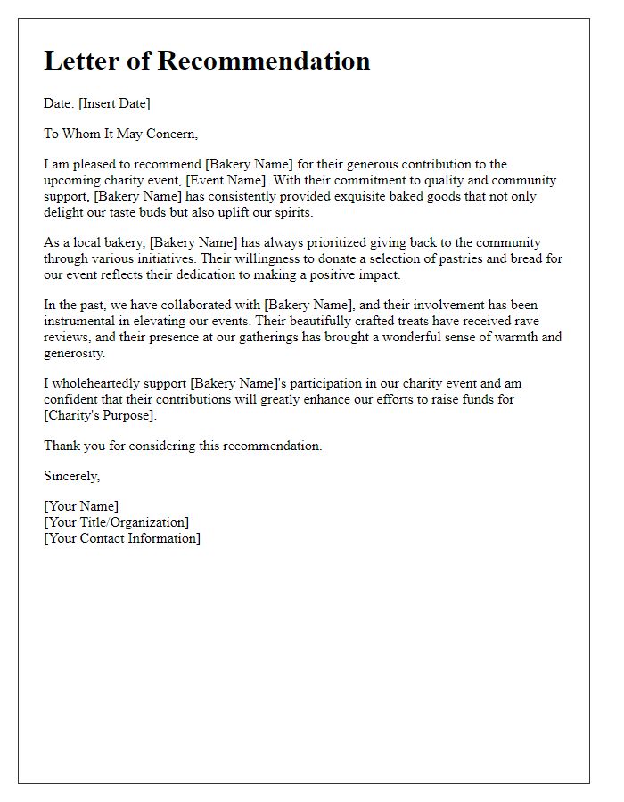 Letter template of recommendation for a bakery to contribute to a charity event.