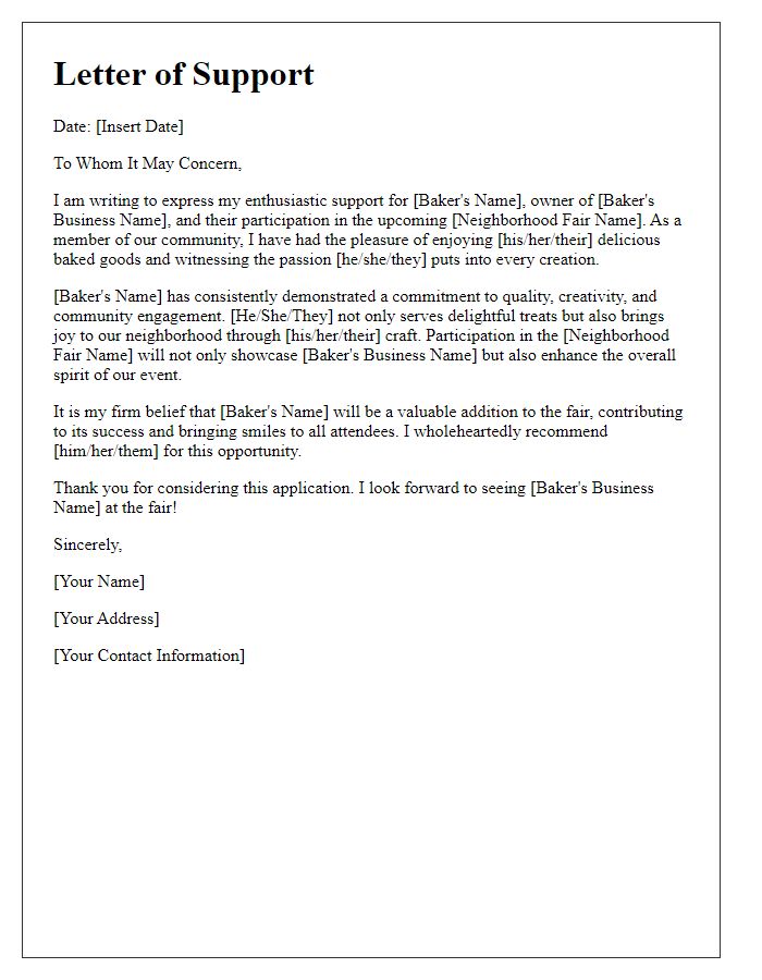 Letter template of support for a bakers participation in a neighborhood fair.