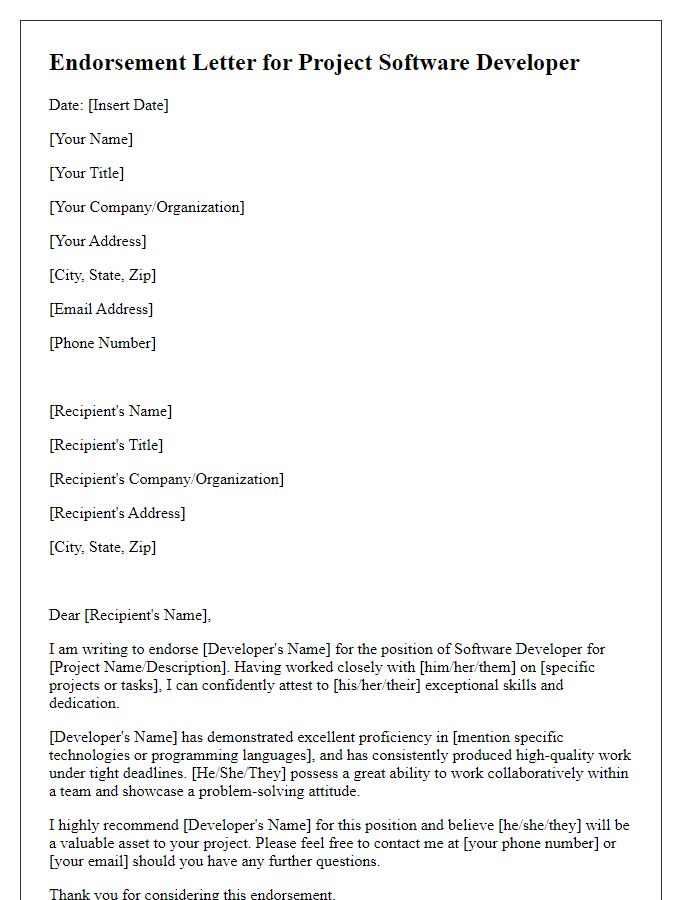 Letter template of endorsement for a project software developer.