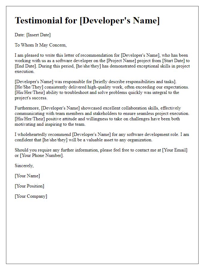 Letter template of testimonial for a software developer in project execution.