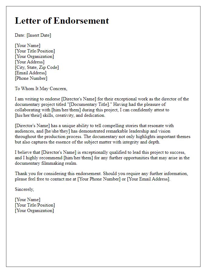 Letter template of endorsement for a director in a documentary project.