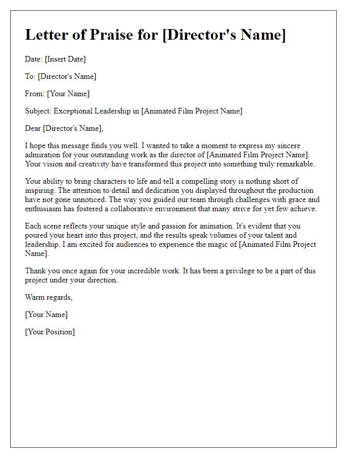 Letter template of praise for a director in an animated film project.