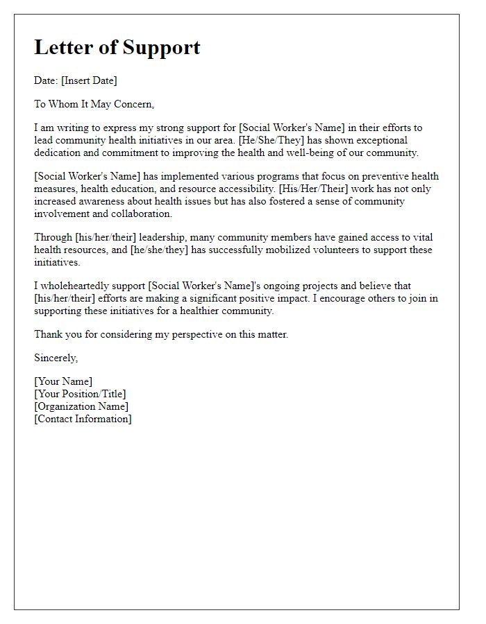 Letter template of support for a social worker leading community health initiatives.