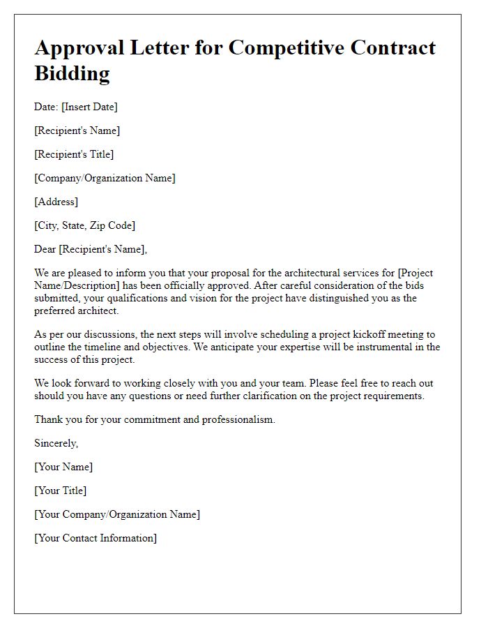 Letter template of approval for an architect for competitive contract bidding.