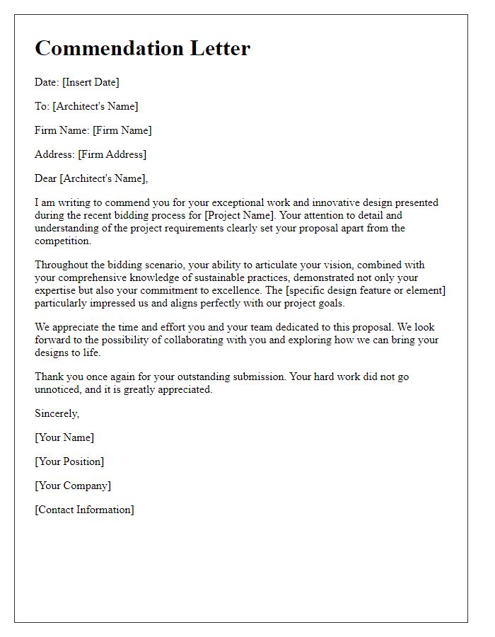 Letter template of commendation for an architect in the bidding scenario.