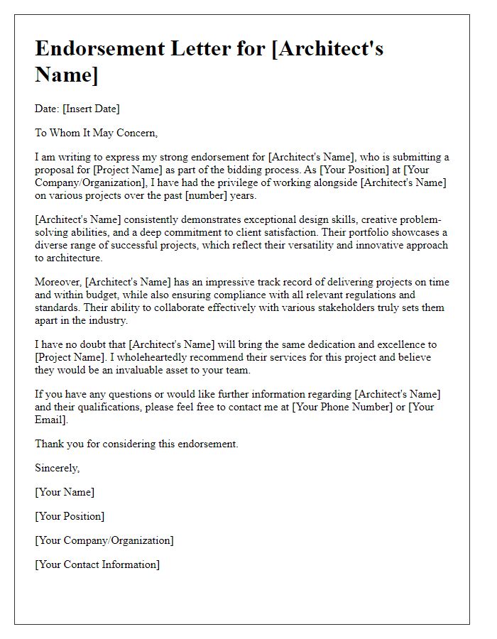 Letter template of endorsement for an architect in a bidding environment.