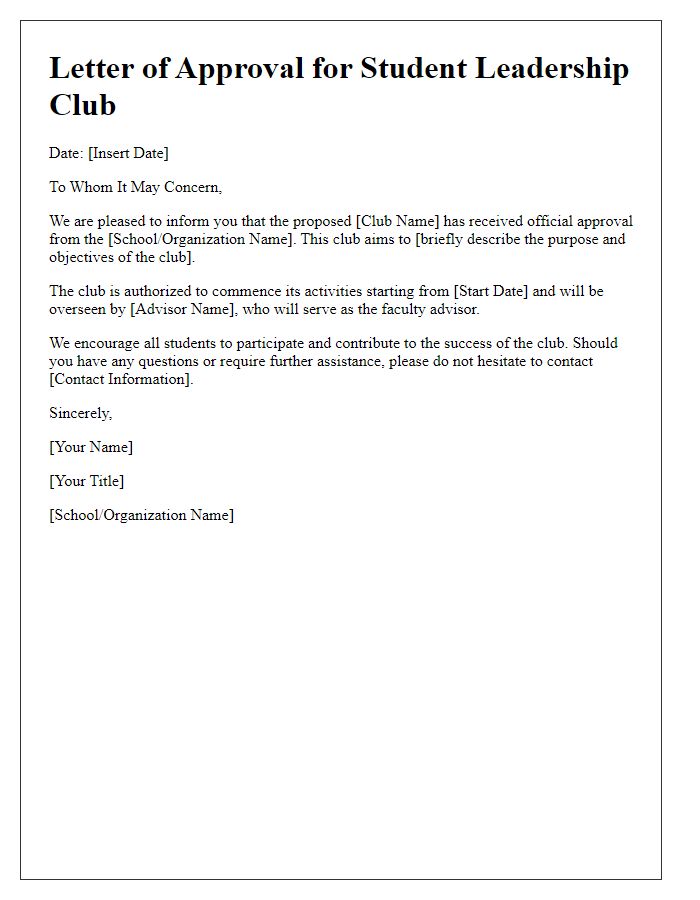 Letter template of approval for student leadership clubs.